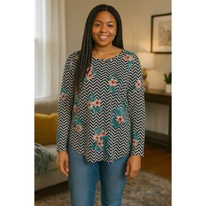 LuLaRoe Amy Women Medium Black Stripe Chevron Tropical Floral High Low Tunic Top